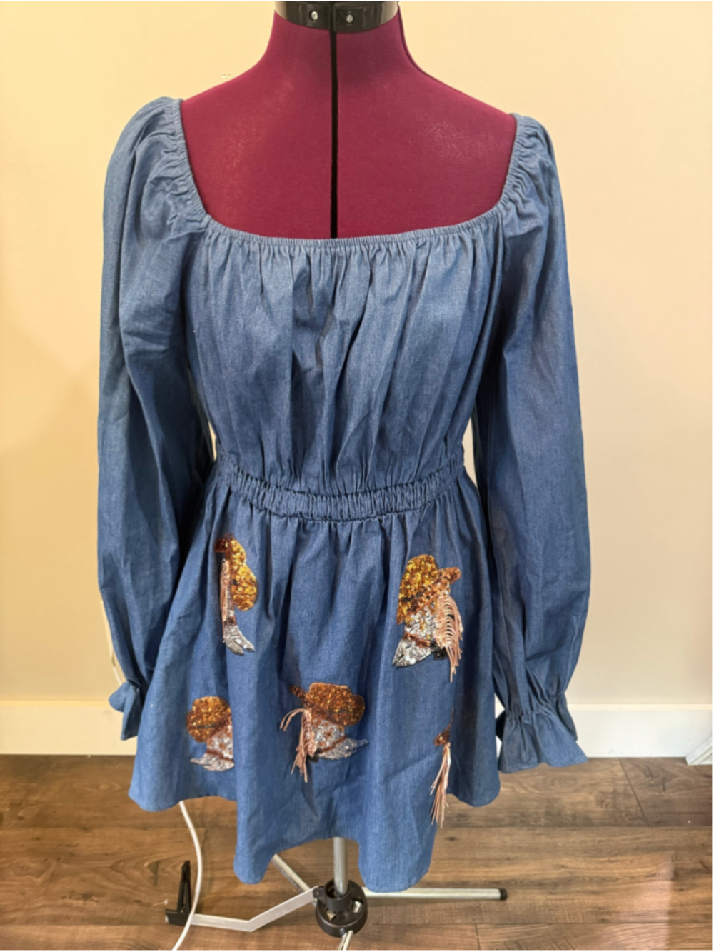Fantastic Fawn Sequin Cowboy Hat Denim Mini Dress Medium